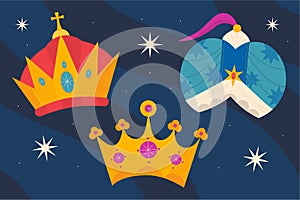 Flat reyes magos crowns set Vector illustration. photo