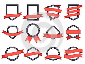 Flat ribbon banner badge. Genuine banners, frames with ribbons and insignia badges for logo design vector set