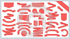 Flat ribbons and badges. Red tapes arrows and banners, emblems and shapes. Vector set of isolated design elements