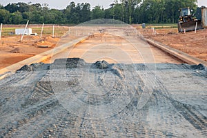 Flat road gravel subbase in new construction residential subdivision