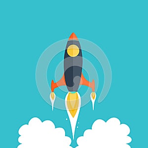 Flat rocket on blue background