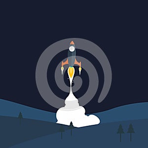Flat Rocket on blue background launching at night