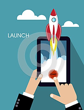 Flat rocket . concept of new business project and launch a new innovation product on a market.