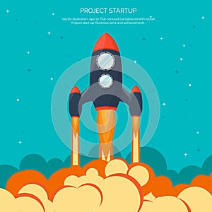 Flat rocket spaceship launch. Startup concept and project development.Space exploration.