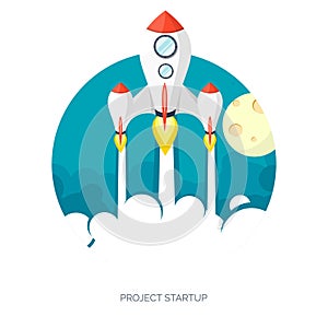 Flat rocket spaceship launch. Startup concept and project development.Space exploration.