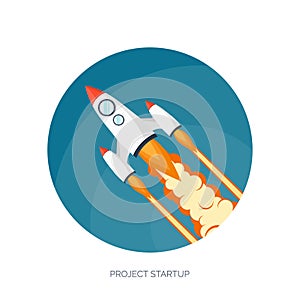 Flat rocket spaceship launch. Startup concept and project development.Space exploration.