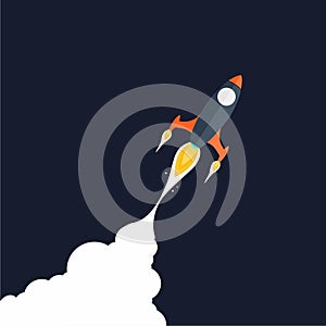 Flat rocket thrusting on blue background