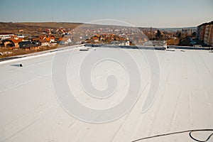 Flat roof with hot air welded pvc membrane waterproofing for ballasted system