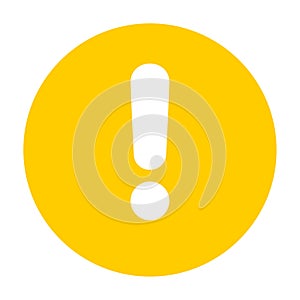 Flat round yellow exclamation point icon, button. Attention symbol isolated on a white background.