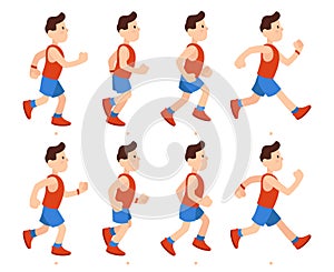 Flat running man. Athletic boy run animation frames sequence. Runner male in tracksuit, legs animations cartoon vector