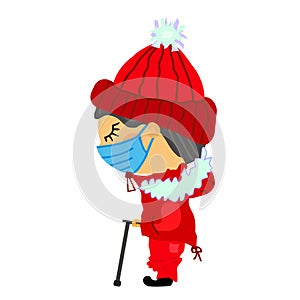 Flat sad old blind man in medical mask stands in winter clothes with fur. A guy in a knitted red hat with a pompom.