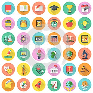 Flat school subjects icons with long shadows photo