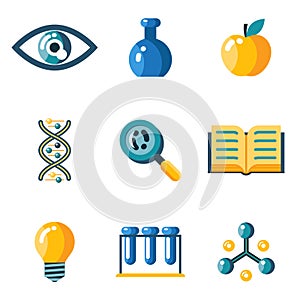 Flat science education research study web icons