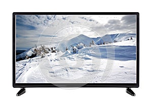 Flat-screen TV with high resolution and winter landscape on it