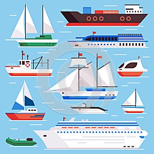 Flat sea ships. Marine shipping sailing boat, ocean cruise liner and icebreaker ship vector set