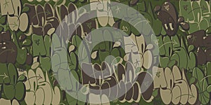 Flat Seamless Military Abstract Khaki Texture Camouflage With Graffiti Streetart Pattern Background Vector Illustration