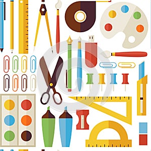 Flat Seamless Pattern Back to School Objects and Office Instruments