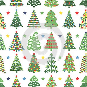 Flat seamless pattern with Christmas trees. Holidays background. Abstract  line art drawing woods. Vector Holidays illustration