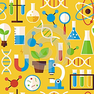 Flat Seamless Pattern Science and Research Objects over Yellow