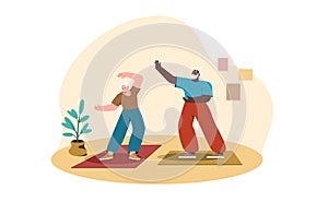 Flat senior man and woman doing yoga at home