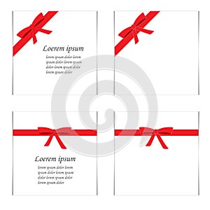 Flat set of cards with red gift bows with ribbons and text. Vector illustration.