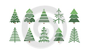 Flat set of Christmas trees. Holidays background. Abstract  line art drawing woods. Vector Holidays illustration