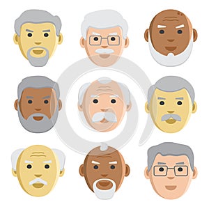 Flat set of faces old men, avatar, vector