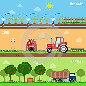 Flat set farm irrigate seed grow harvest process web banners