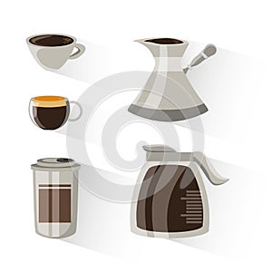 Flat set icon with jar coffee maker and cup