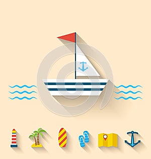 Flat set icons of cruise holidays and journey vacation