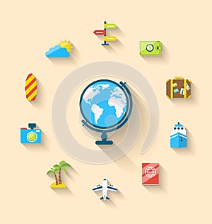 Flat set icons of globe and journey vacation, simple style