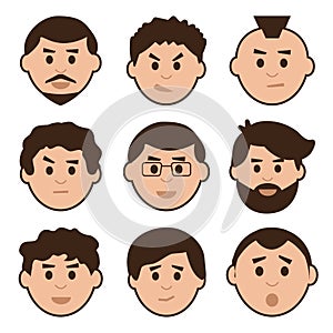 Flat set of men, avatar with different emotions, vector