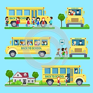 Flat set of school bus situations vector.