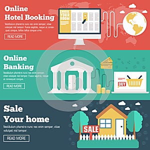 Flat set of social business travel, online banking