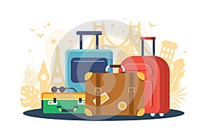 Flat set suitcases on background of attractions.