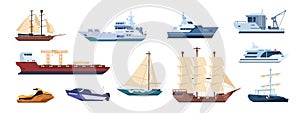 Flat ships. Sailing yachts, marine sailboats and motor ships, ocean transportation types. Vector catamaran and powerboat