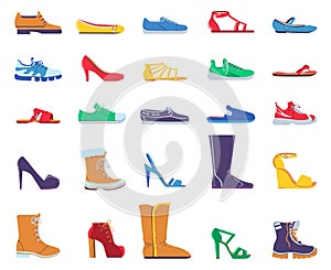 Flat shoes. Fashion footwear for women and men. Sneakers, sandals, ballets and stiletto heel shoe. Trendy cartoon boots