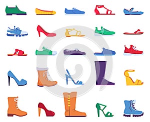 Flat shoes. Fashion footwear for women and men. Sneakers, sandals, ballets and stiletto heel shoe. Trendy cartoon boots