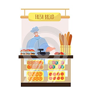 Flat shop with fresh bread, man sell food isolated on white vector illustration. Cartoon product from counter bakery