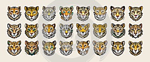 Flat simple cartoon jaguar face illustration design set