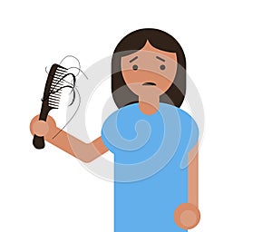 Flat simple sad girl holding a hairbrush in hand with hair loss.Early baldness.
