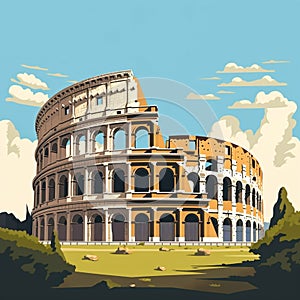 flat simple vector illustration, the coloseum in rome, ancient symbol of the Roman empire in the capital city of Italy.