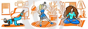 Flat sketch style illustration of three women doing sport and yoga at home