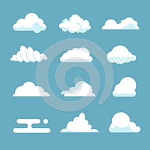 Flat sky cloud. Blue fluffy cartoon shapes white atmosphere cloudy elements vintage abstract overcast. Vector clouds