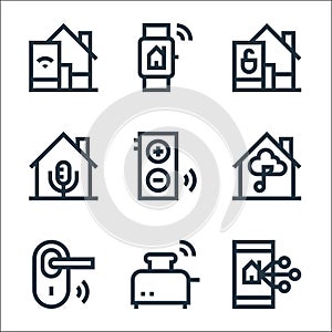 Flat smarthome line icons. linear set. quality vector line set such as control, toaster, door lock, music, remote control,