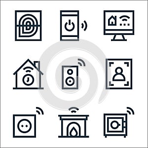 Flat smarthome line icons. linear set. quality vector line set such as safe box, fireplace, plug in, scan, speakers, timer,