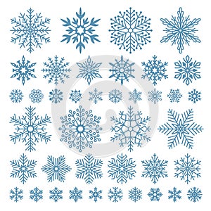 Byt. snehová vločka kryštály sneh tvary a ojíněná chladný ikona vektor sada 