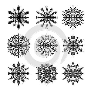 Flat snowflakes. Winter snowflake crystals, christmas snow shapes and frosted cool icon vector symbol set