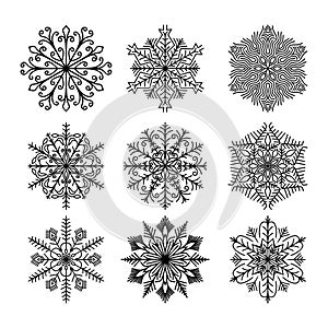 Flat snowflakes. Winter snowflake crystals, christmas snow shapes and frosted cool icon vector symbol set