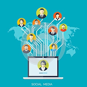 Flat social media and network concept. Business background, global communication. Web site profile avatars. Connection